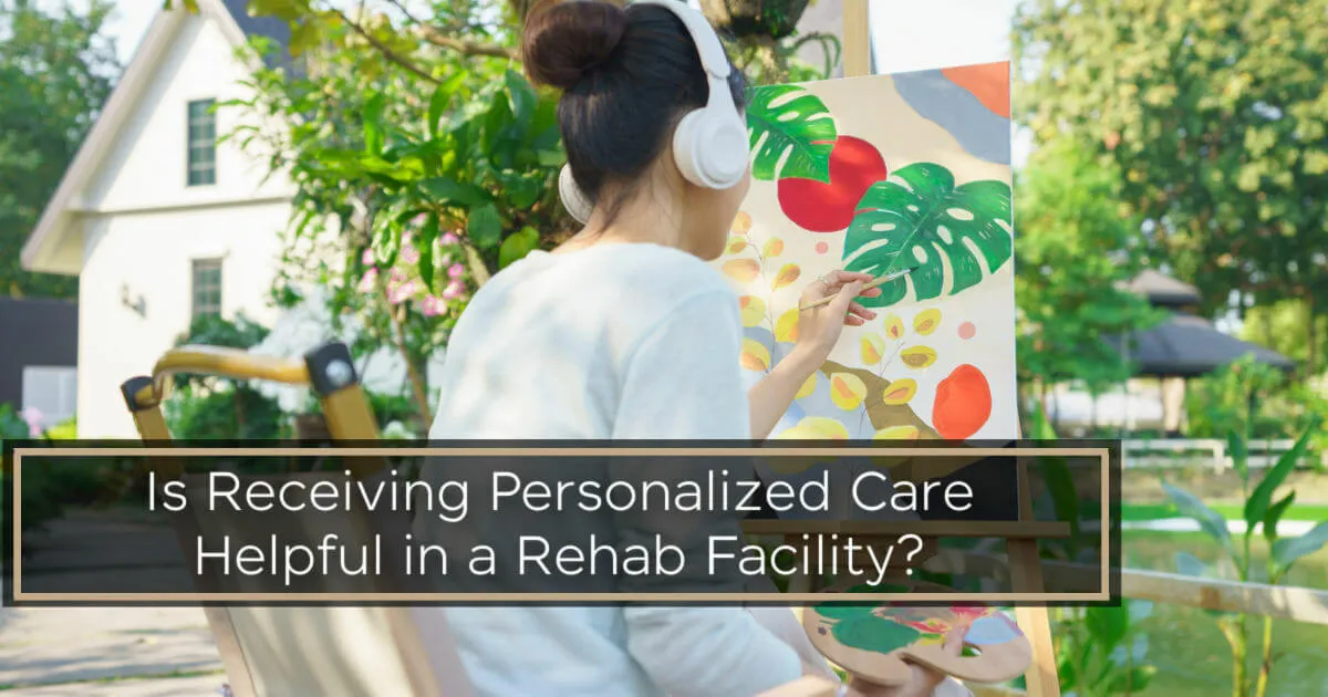 A woman with headphones painting a vibrant tropical canvas on an easel.