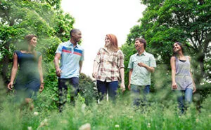 A group of five young, diverse friends walking together through a lush, green field or park.