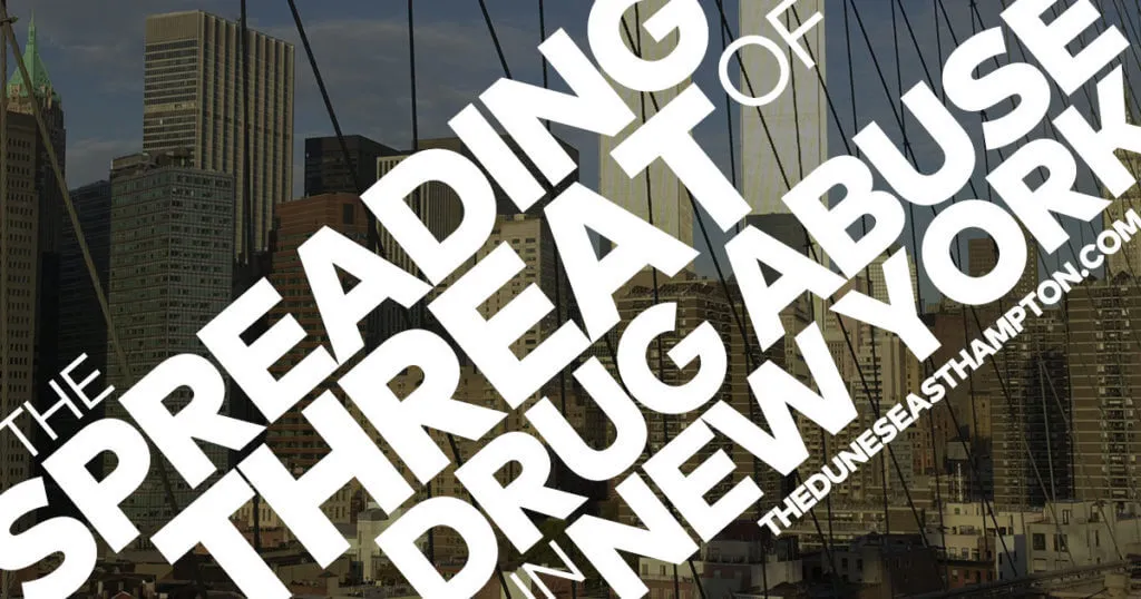 NYC skyline through bridge cables and a bold white diagonal text overlay.